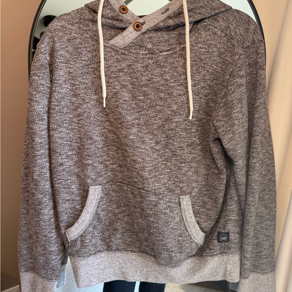 Express Fleece Button Neck Pullover Hoodie Heather Brown Small